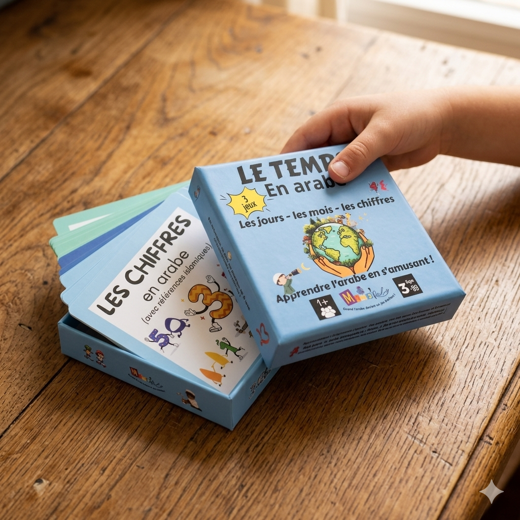 Jeux de cartes : Le temps en arabe (trio de jeux)